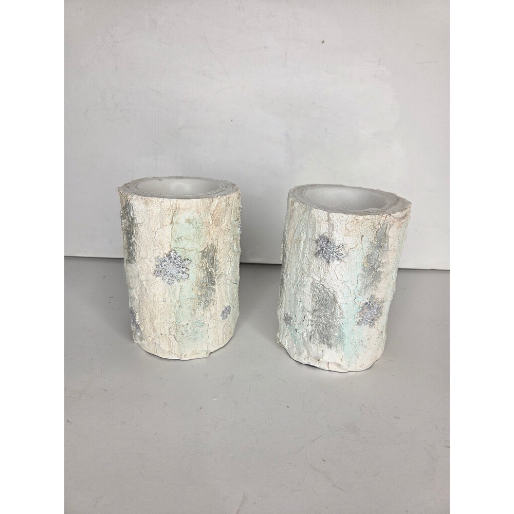 Celebrate It Christmas Noel Winter Frost SnowflakeBirch Log Candle Holders Set